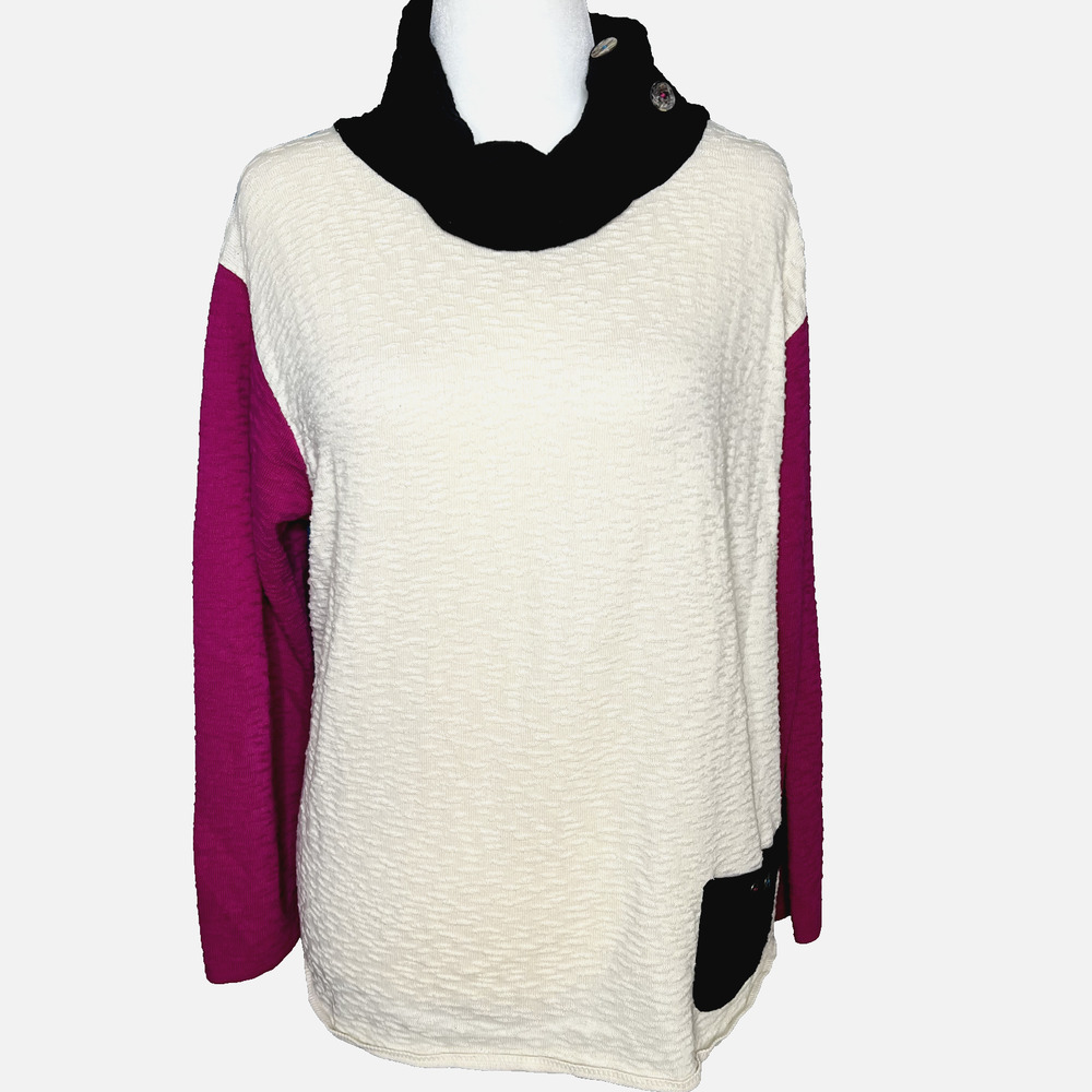 Margaret Winters Vtg Sweater L Blue Colorblock Cotton Cowl Cabincore USA 90's